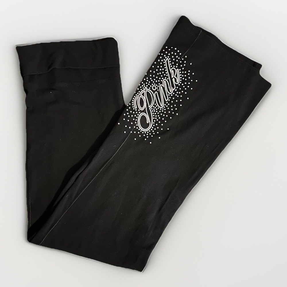 VTG Victoria's‎ Secret PINK Spellout Fold Over Bootcut Legging XL Black Glitter